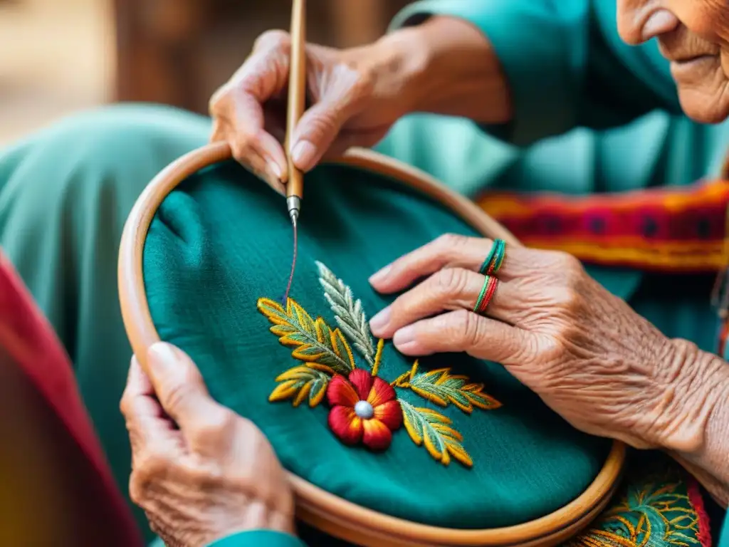 Un artesano uruguayo borda con delicadeza, mostrando las técnicas del bordado tradicional uruguayo