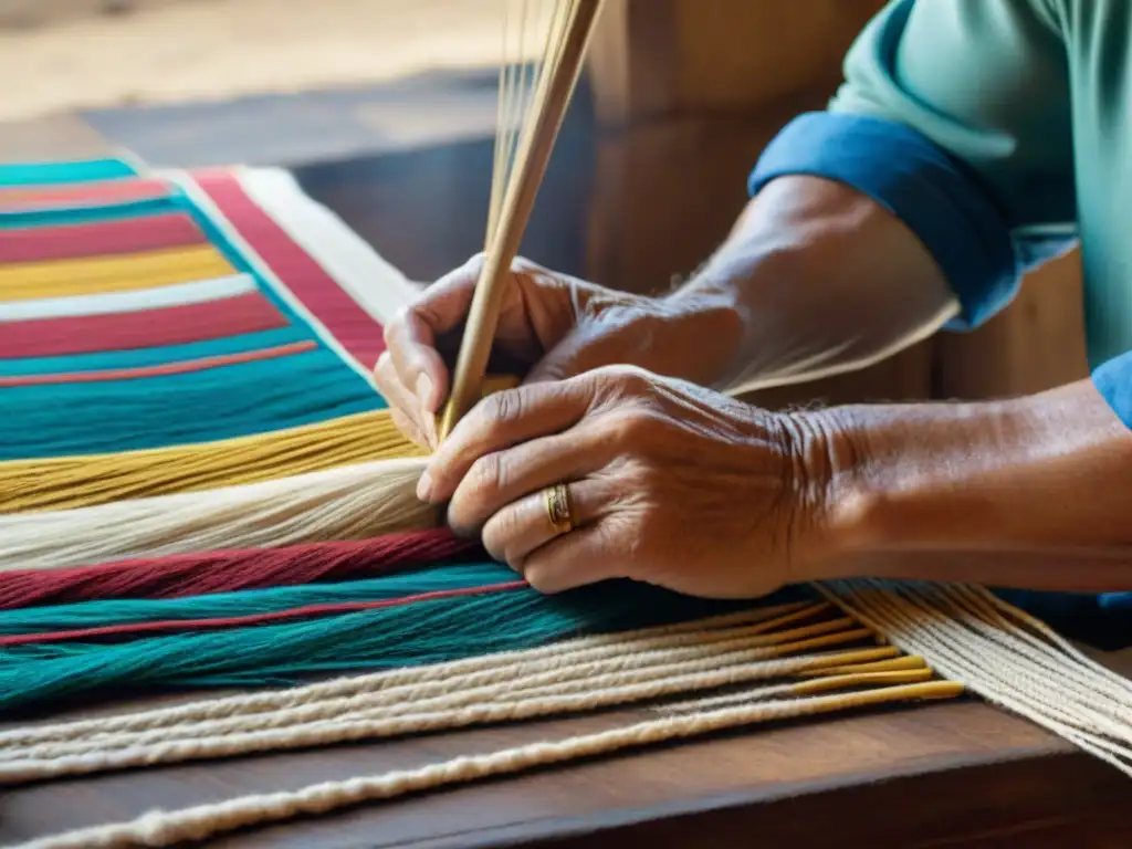 Un artesano uruguayo teje con destreza una colorida tapicería, resaltando la artesanía y cultura de Uruguay