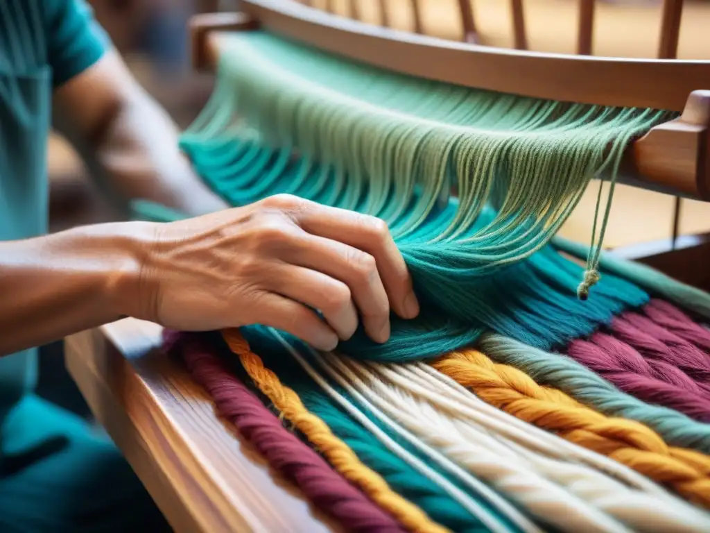 Artesano uruguayo tejiendo con destreza una colorida artesanía en la Feria artesanal Tristán Narvaja en Uruguay