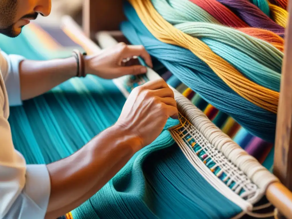 Un artesano uruguayo teje con destreza en una feria artesanal, mostrando creatividad y tradición