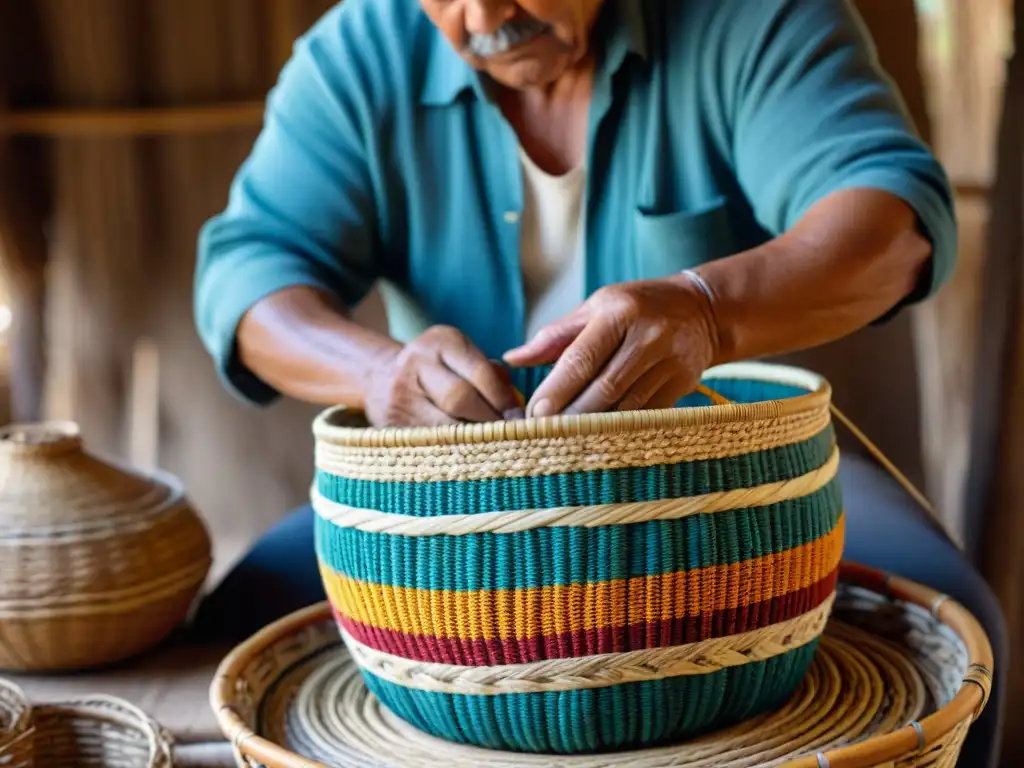 Artesano uruguayo teje con destreza fibras naturales en taller cestería tradicional Uruguay