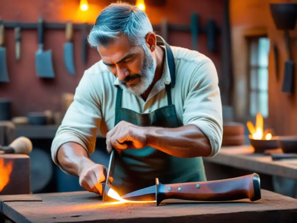 Un artesano uruguayo forja con destreza el filo de un cuchillo de supervivencia, iluminado por la fragua, rodeado de herramientas tradicionales