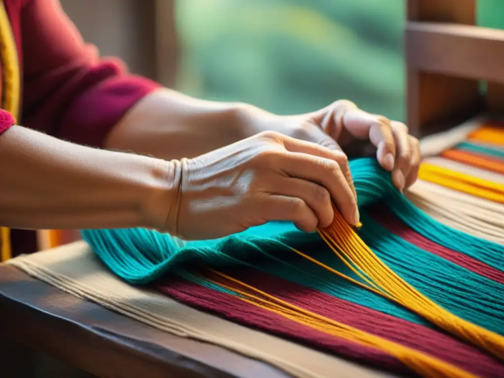 Un artesano uruguayo teje con destreza hilos coloridos en una artesanía tradicional, mostrando una rica herencia artesanal uruguaya