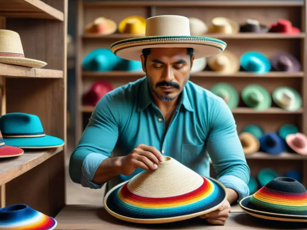 Un artesano uruguayo moldea con destreza un sombrero artesanal tradicional, rodeado de hilos y herramientas coloridas