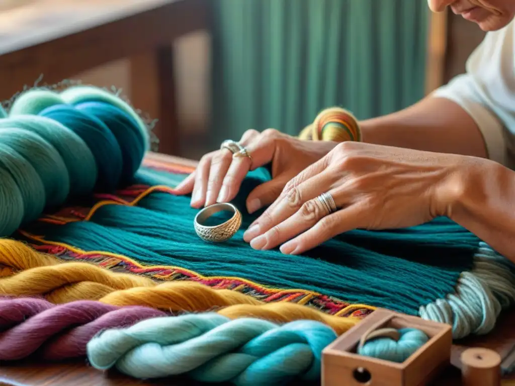 Un artesano uruguayo teje con destreza un tapiz tradicional entre hilos coloridos en un taller iluminado con nostalgia