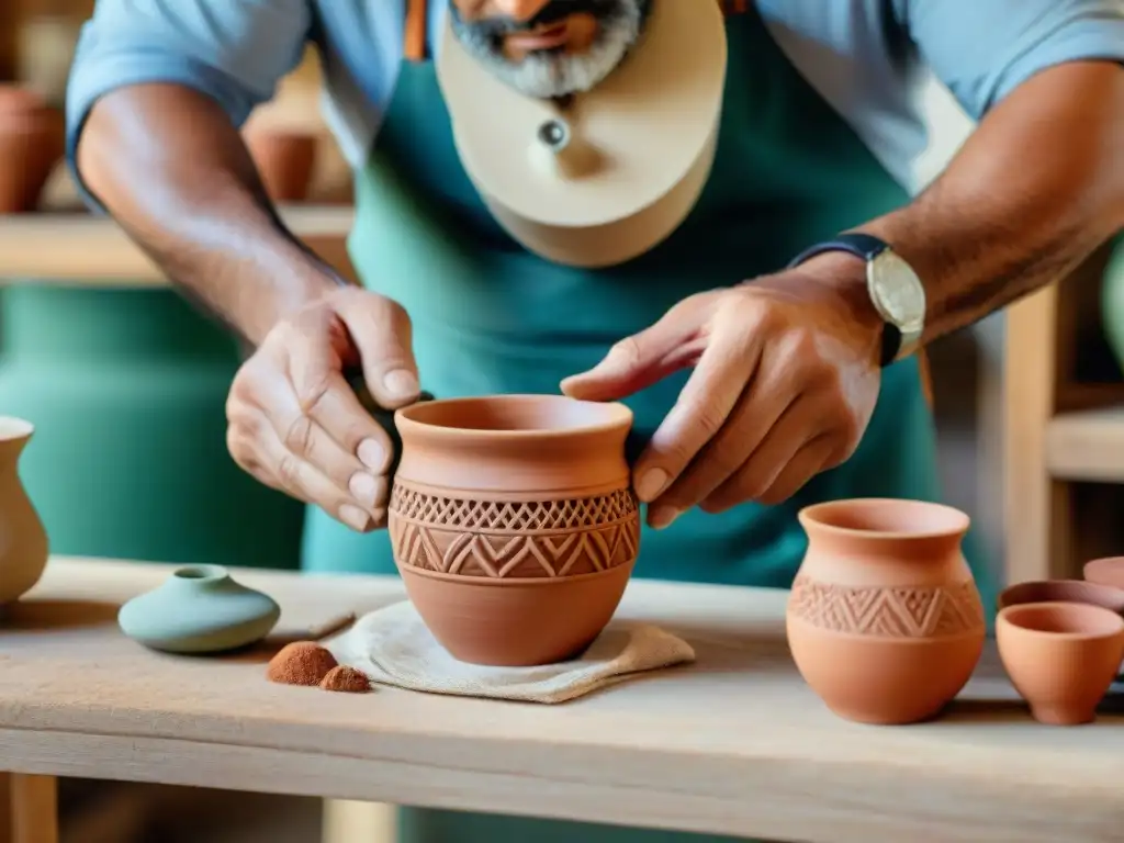 Un artesano uruguayo moldea con destreza una taza de mate cerámica, destacando la riqueza artesanal del país