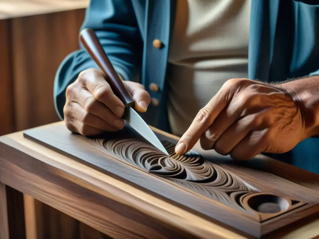 Un artesano uruguayo esculpe con detalle una pieza de madera, mostrando su destreza y dedicación en la artesanía en madera en Uruguay