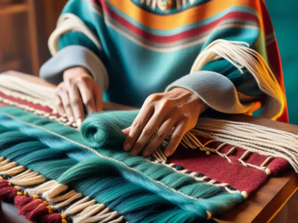 Un artesano uruguayo teje con detalle un poncho tradicional, resaltando las artesanías uruguayas auténticas tradicionales