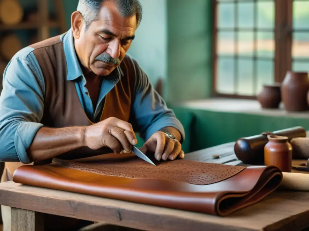 Un artesano uruguayo crea diseños de cuero con técnicas ancestrales, rodeado de herramientas tradicionales