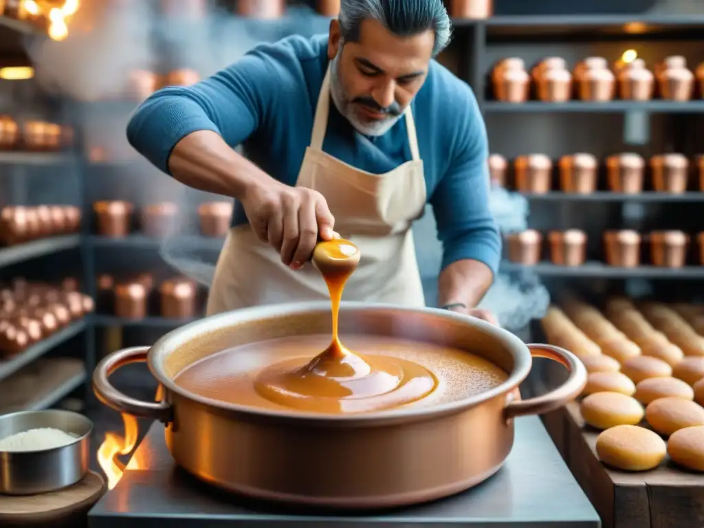 Un artesano uruguayo tradicionalmente removiendo dulce de leche en olla de cobre sobre fuego abierto