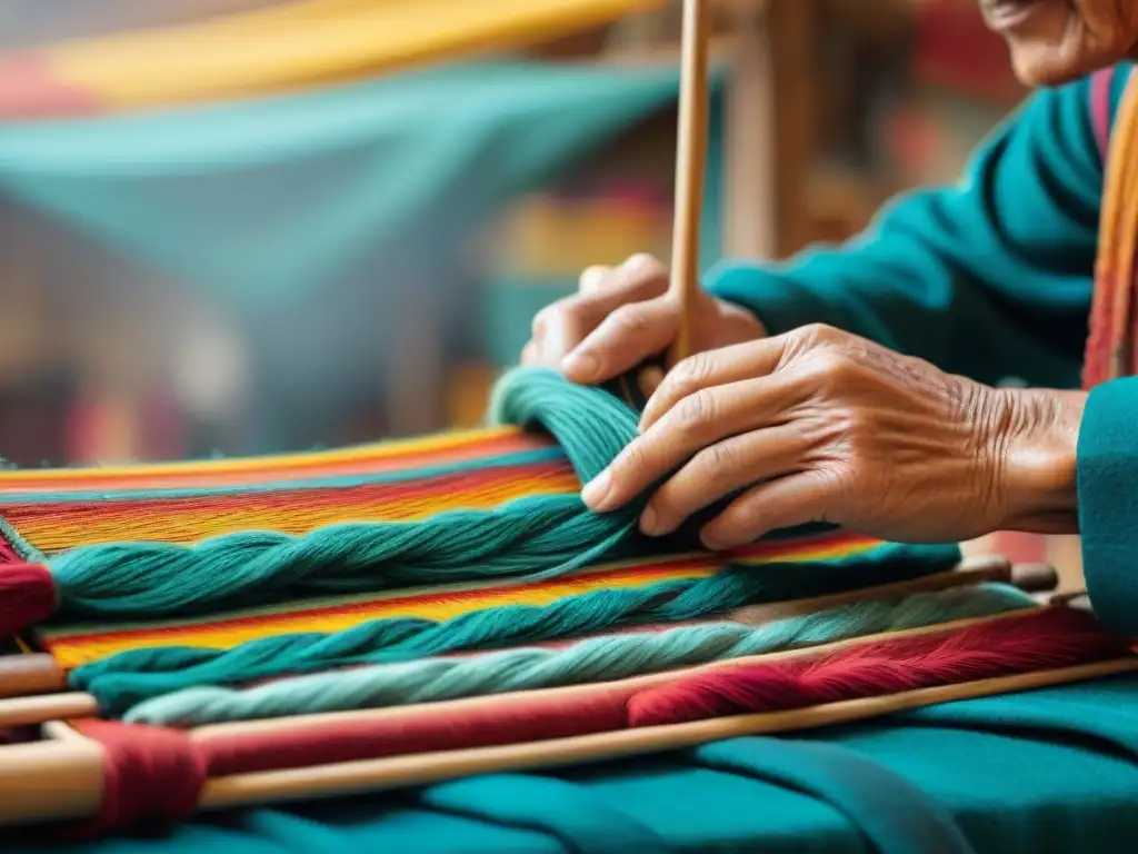 Un artesano uruguayo experimentado teje con destreza en una feria local, entre colores vibrantes y patrones intrincados