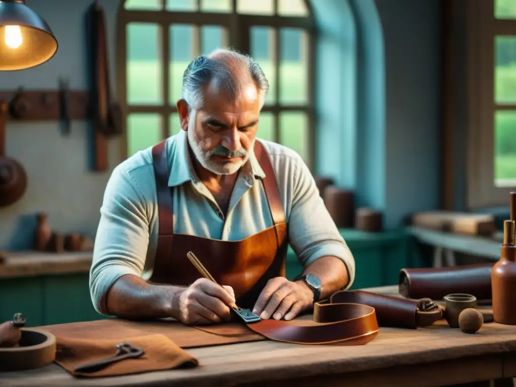 Un artesano uruguayo experto confecciona a mano una correa de cámara de cuero tradicional en un taller, reflejando la herencia artesanal de Uruguay