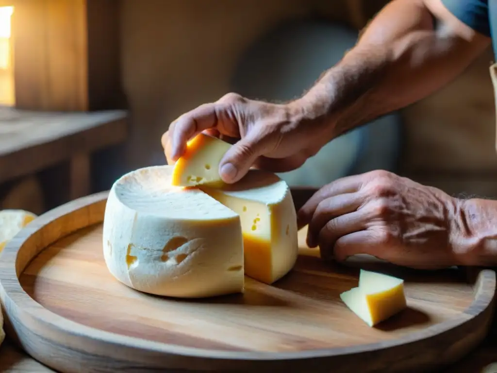 Un artesano uruguayo experto moldeando un queso tradicional uruguayo en un taller rural