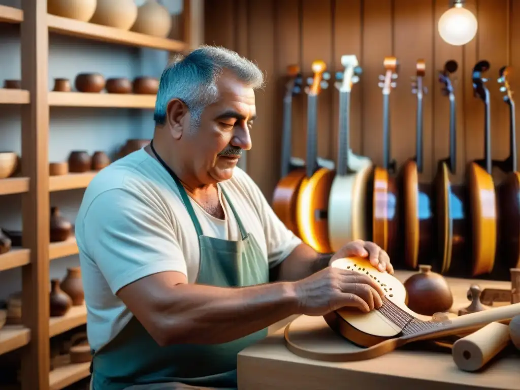 Un artesano uruguayo experto talla un charango a mano en un taller iluminado cálidamente