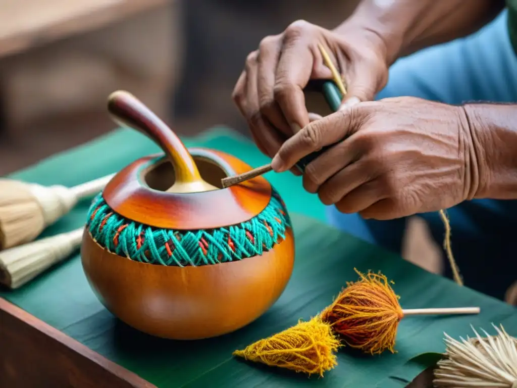 Un artesano uruguayo experto talla detalladamente una tradicional calabaza de mate, mostrando la dedicación en las artesanías tradicionales de Uruguay