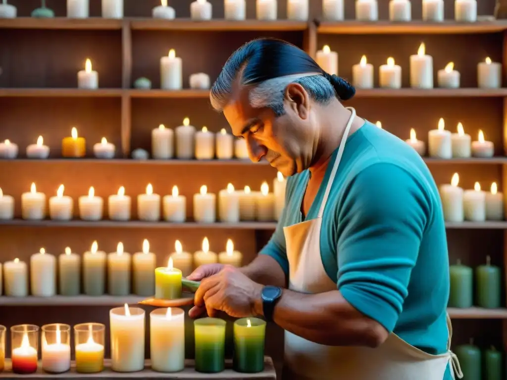 Un artesano uruguayo experto en velas artesanales, moldeando con cuidado una vela multicolor, rodeado de otras creaciones en su taller