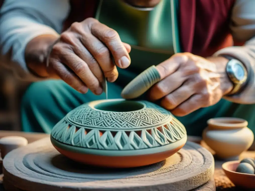 Artesano uruguayo en feria artesanal moldeando cerámica con destreza y coloridas creaciones de fondo