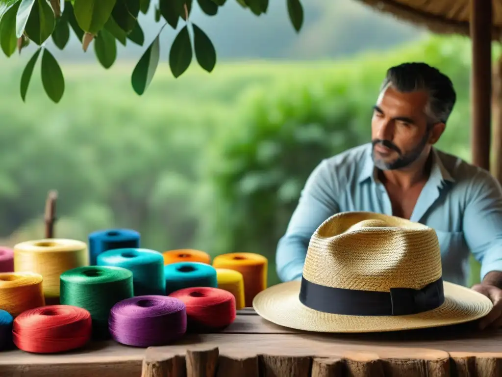 Un artesano uruguayo tejiendo gorras para protegerse del sol en Uruguay con destreza bajo un árbol, rodeado de hilos y telas coloridas