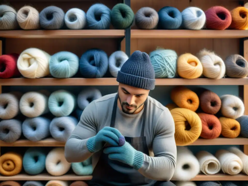 Artesano uruguayo tejiendo guantes y gorros técnicos en Uruguay con autenticidad y destreza, rodeado de lanas coloridas