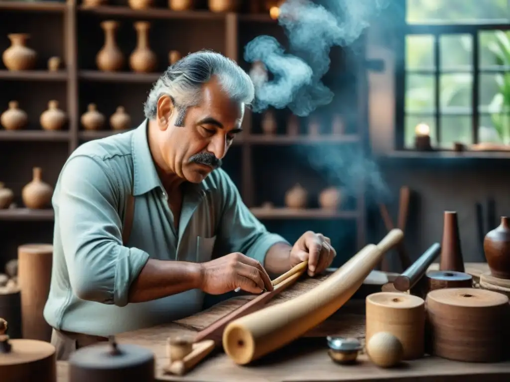 Artesano uruguayo creando instrumento musical tradicional con detalle y pasión