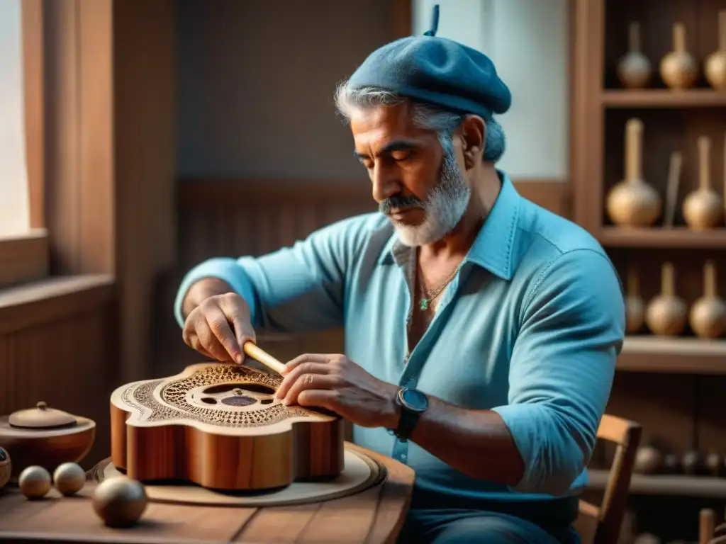 Artesano uruguayo creando instrumentos musicales tradicionales Uruguay con destreza y dedicación