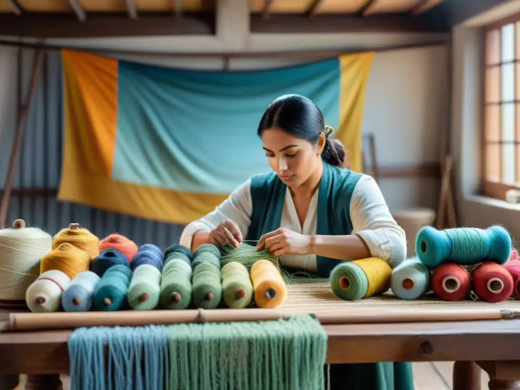 Artesano uruguayo creando intrincada artesanía rodeado de coloridos hilos y herramientas en taller rústico