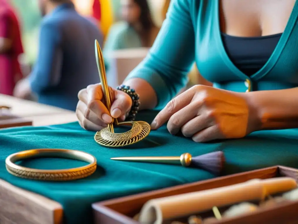 Un artesano uruguayo crea joyas en feria artesanal, manos expertas y colorido mercado de fondo