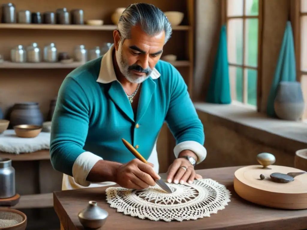 Un artesano uruguayo creando joyería de filigrana en su taller, rodeado de herramientas tradicionales