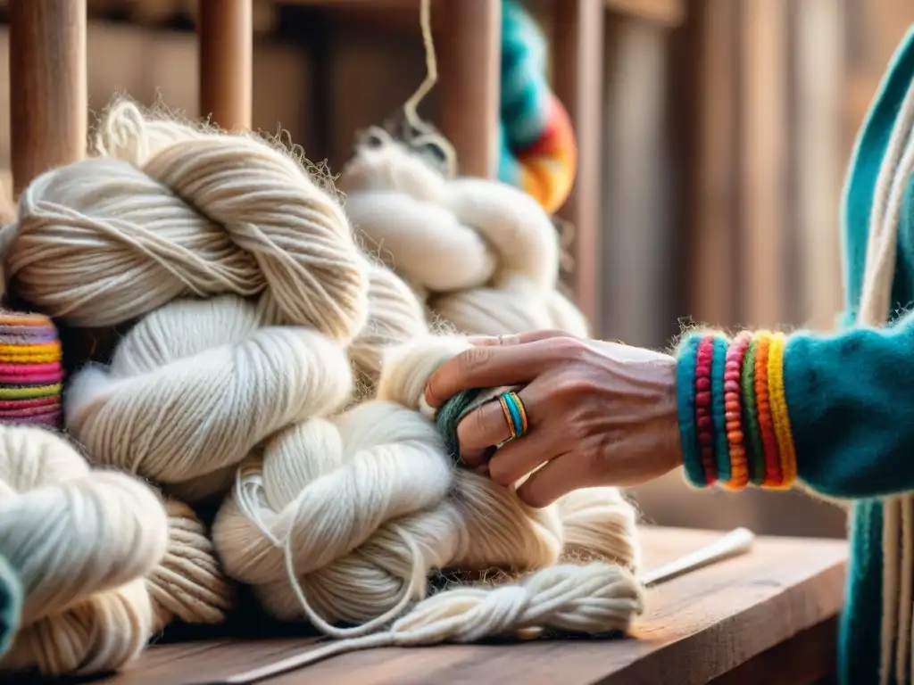 Un artesano uruguayo hilando lana natural con destreza, muestra la tradición y el agroturismo