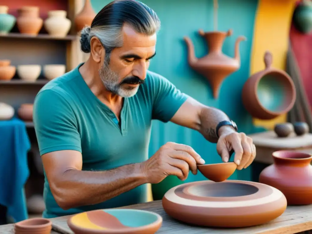 Un artesano uruguayo moldea a mano una pieza de cerámica rodeado de colores vibrantes en una feria de artesanías auténticas en Uruguay