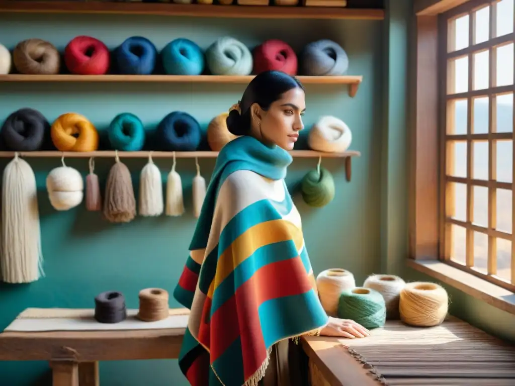 Artesano uruguayo teje a mano un poncho tradicional rodeado de hilos coloridos y diseño de moda inspirado Uruguay