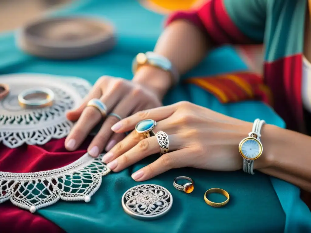 Un artesano uruguayo con manos hábiles crea joyas de filigrana de plata en una feria artesanal, reflejando tradición y destreza