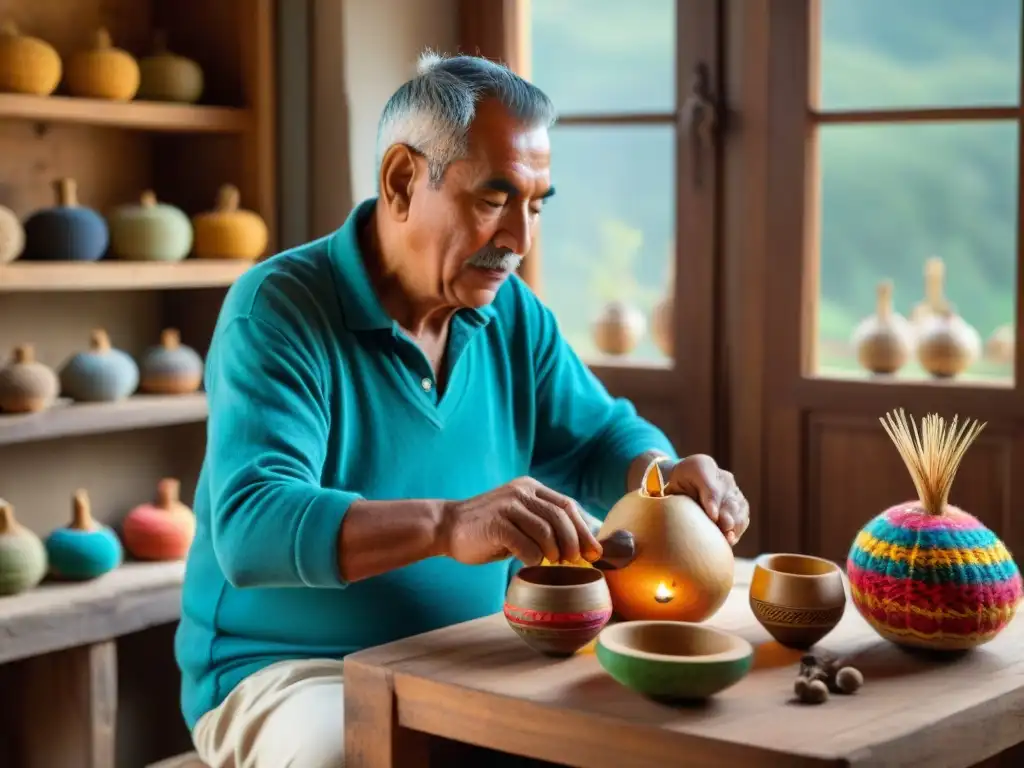 Artesano uruguayo tallando mate en ambiente cálido de historia y tradición artesanos ferias Uruguay historias arte