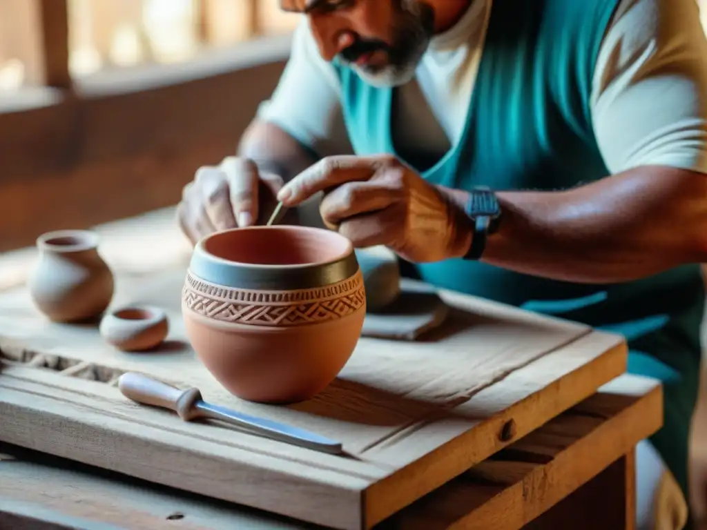 Artesano uruguayo creando mate en cerámica