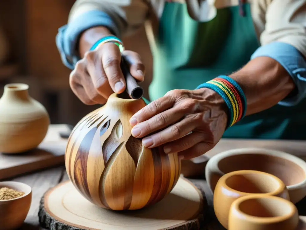 Un artesano uruguayo tallando una mate de madera con destreza, resaltando la artesanía en madera en Uruguay