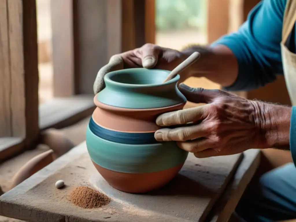 Artesano uruguayo creando mate en taller rústico con herramientas y piezas de cerámica