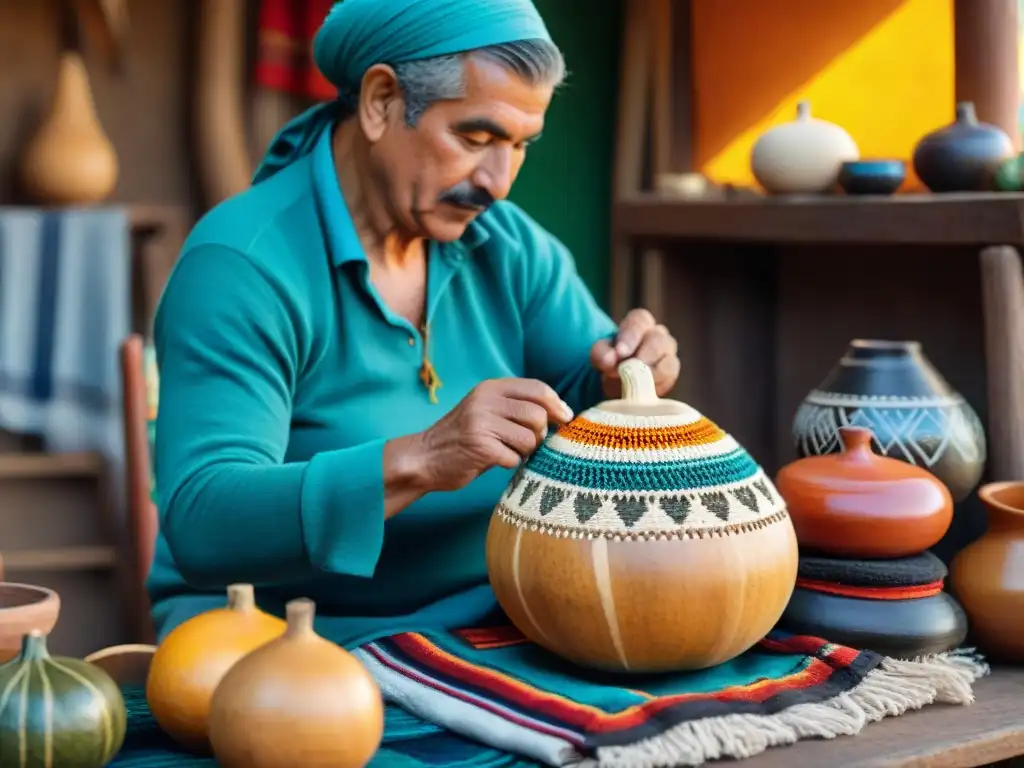 Un artesano uruguayo elabora mates rodeado de textiles y cerámica