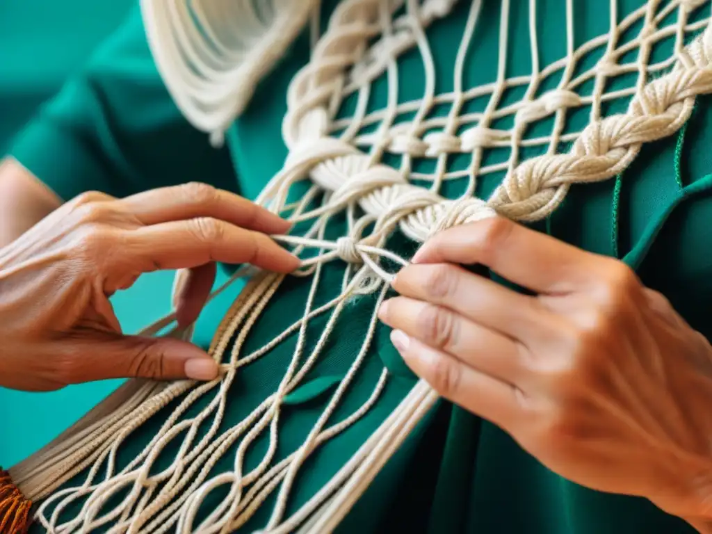 Arte de macramé uruguayo: manos expertas tejiendo con precisión Un artesano uruguayo teje meticulosos nudos de macramé con hilos coloridos, resaltando la artesanía del macramé en Uruguay