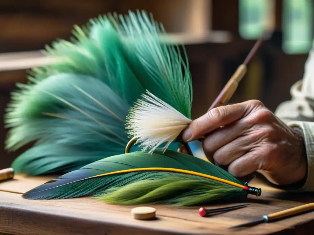 Un artesano uruguayo elabora una mosca de pesca con meticulosidad en su taller rústico