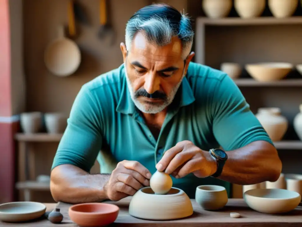 Un artesano uruguayo crea una pieza de cerámica tradicional rodeado de materiales coloridos