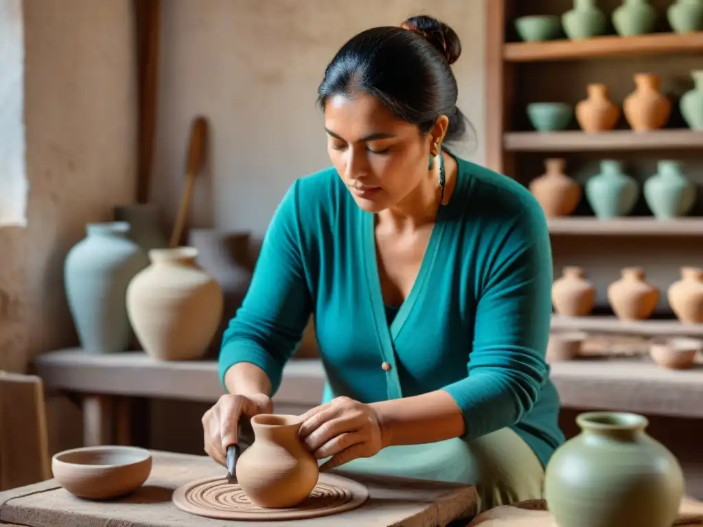 Un artesano uruguayo crea una pieza única de cerámica, reflejando la artesanía tradicional uruguaya