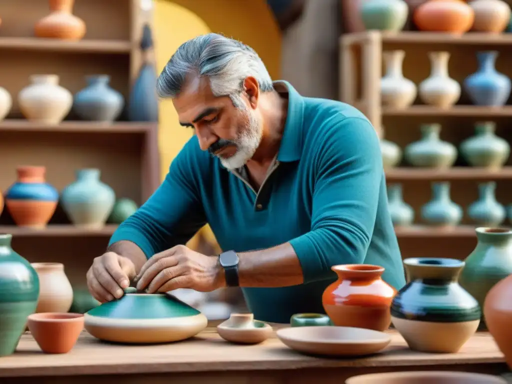 Un artesano uruguayo en plena faena, rodeado de coloridas piezas de cerámica en una feria artesanal