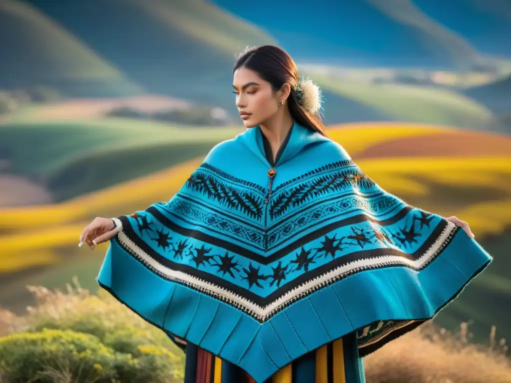 Un artesano uruguayo cosiendo un poncho tradicional rodeado de hilos coloridos, en un paisaje campestre inspirado en Uruguay