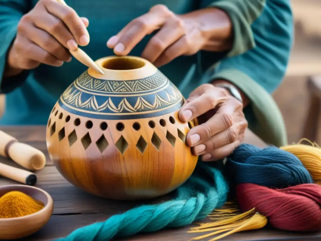 Un artesano uruguayo tallando con precisión una calabaza de mate, mostrando el arte popular en Uruguay