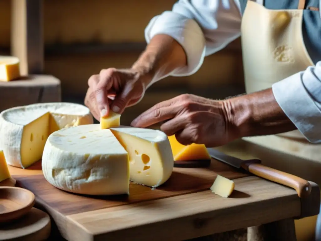 Un artesano uruguayo elaborando queso artesanal, mostrando la dedicación y tradición de los Quesos artesanales uruguayos mercados