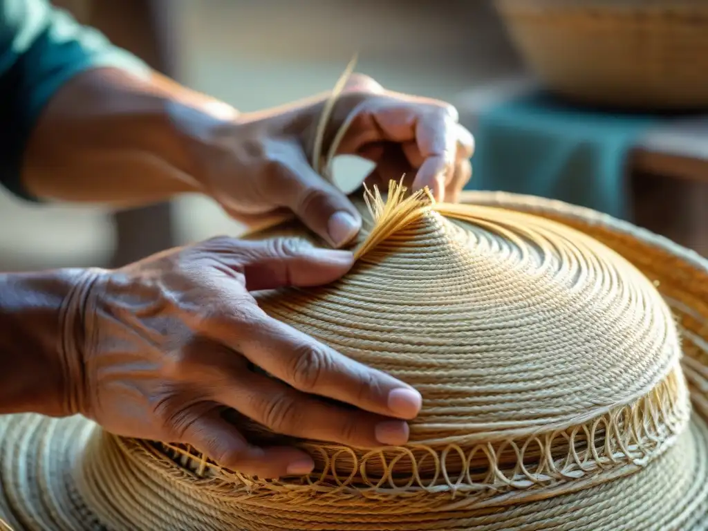 Un artesano uruguayo tejiendo un sombrero artesanal tradicional uruguayo con destreza y dedicación