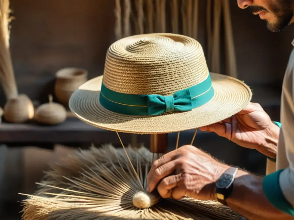 Un artesano uruguayo teje un sombrero tradicional con precisión y pasión en su taller rústico, destacando la tradición uruguaya