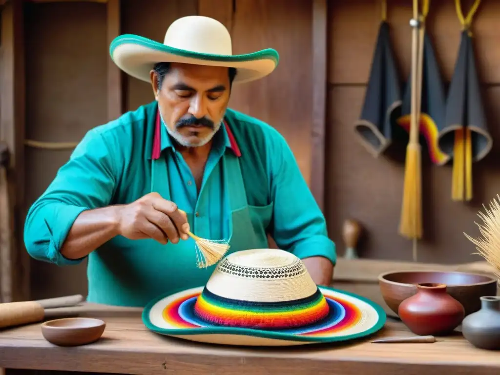 Un artesano uruguayo creando un sombrero único con colores vibrantes y patrones intrincados