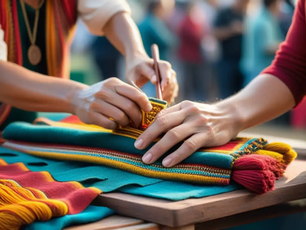 Un artesano uruguayo talentoso tejiendo en una feria de artesanías, mostrando la esencia de las artesanías uruguayas