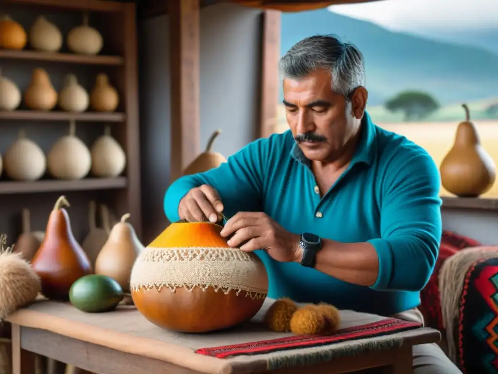 Un artesano uruguayo talla minuciosamente una calabaza de mate rodeado de materiales locales vibrantes, en un paisaje pintoresco de Uruguay